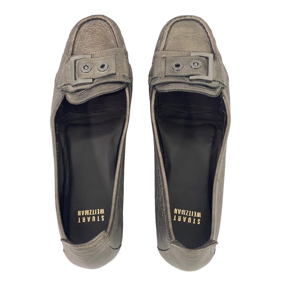 Stuart Weitzman Zwick Moccasin Loafer Flat Shoes Pewter Gray Shimmer Buckle 8.5M - Picture 5 of 11